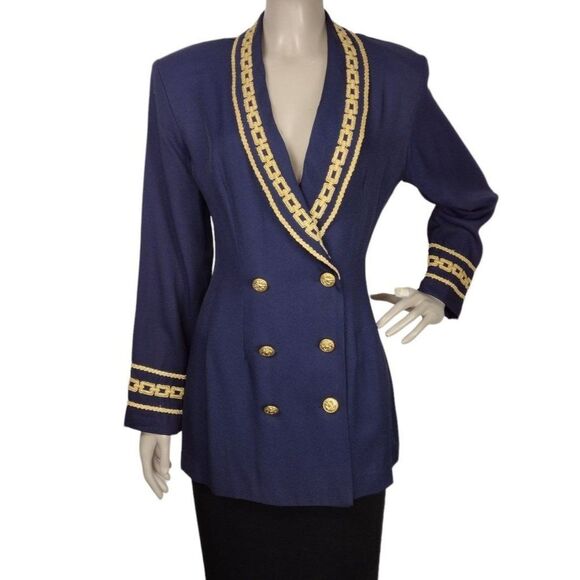 Vintage Dawn Joy Navy Double Breasted Chain Embroidered Military Blazer Jacket - Picture 1 of 11